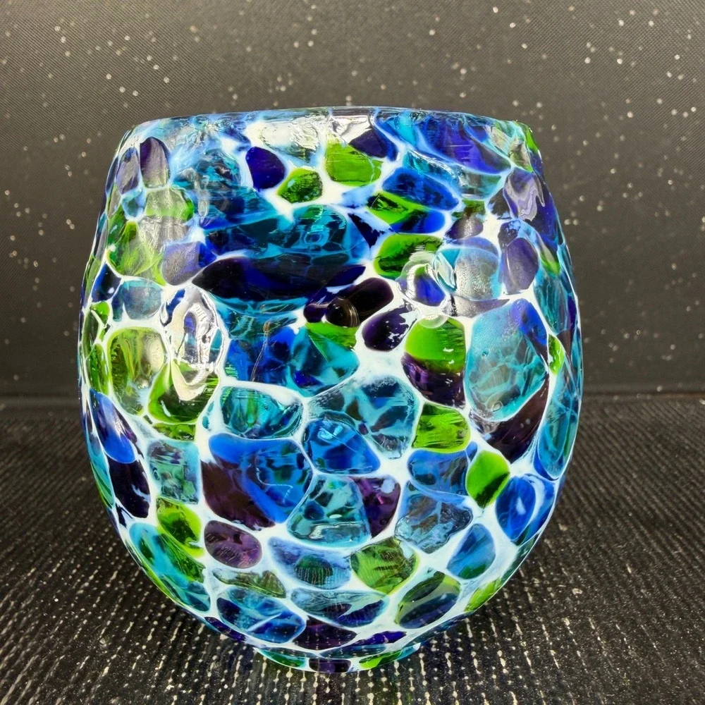 Hand Blown USA Glass Votive Holder Blue Green Purple Confetti Mosaic Cup Glass